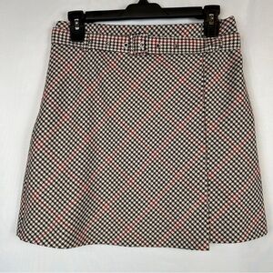 H&M Divided Houndstooth Plaid Tan Red Stripes Belted Preppy Mini Skirt Size 6